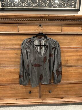 Womens Olive Green Blouse with Brown Leaf Print